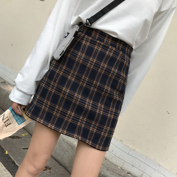 SUXI Chân váy midi lưng cao họa tiết sọc caro phong cách Hàn Quốc