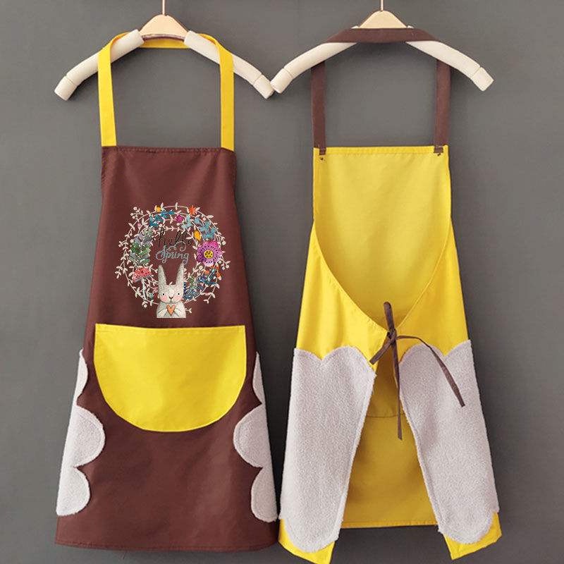 Tạp dề nấu ăn chống nước vải cotton cao cấp có túi, Tạp dề pha chế in hình dễ thương