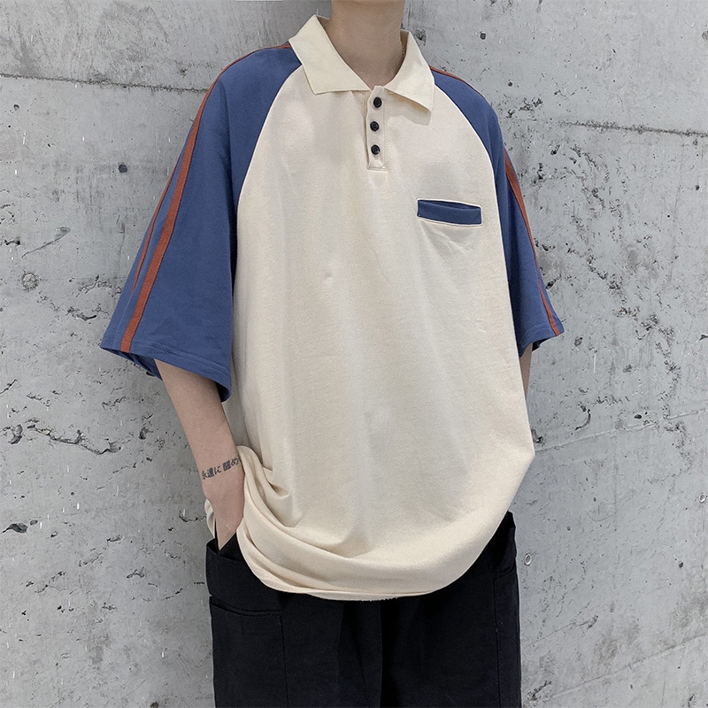 áo thun nam có cổ Polo Thời trang Rộng Ngắn Tay Áo Thụng Rộng Thường Phong cách Hàn Quốc thời trang sinh viên big size đứng đầu Quần áo unisex nữ hai màu đơn giản khâu