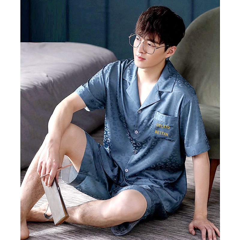 Bộ Đồ Ngủ Ngắn Tay Vải Lụa Lạnh Ôm Dáng Thoải Mái Cho Nam