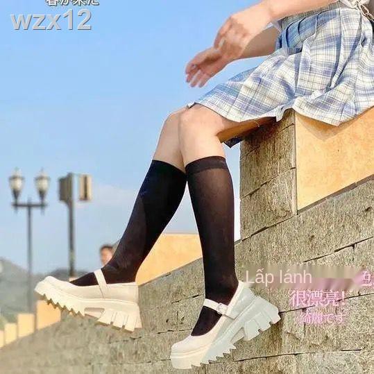 Giày Mary Jane mũi tròn đế dày màu trắng nữ 2021 mùa xuân retro trung cao gót da nhỏ jk của Nhật Bản phong cách