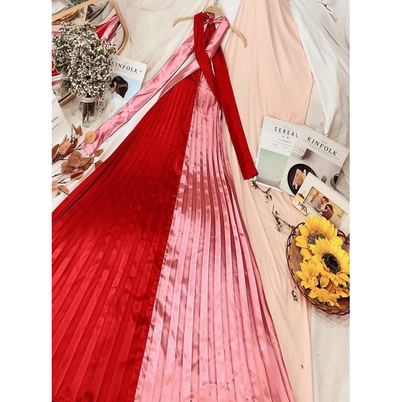 Đầm váy maxi dập ly cổ yếm phối màu siêu sống ảo, chụp hình Hakieu Msp026 ( hình chụp thật ) | BigBuy360 - bigbuy360.vn