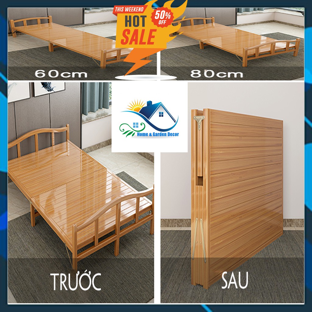 Sập tre gấp gọn, giường ngủ đơn bằng gỗ tre ép nhiệt kích thước 80cm