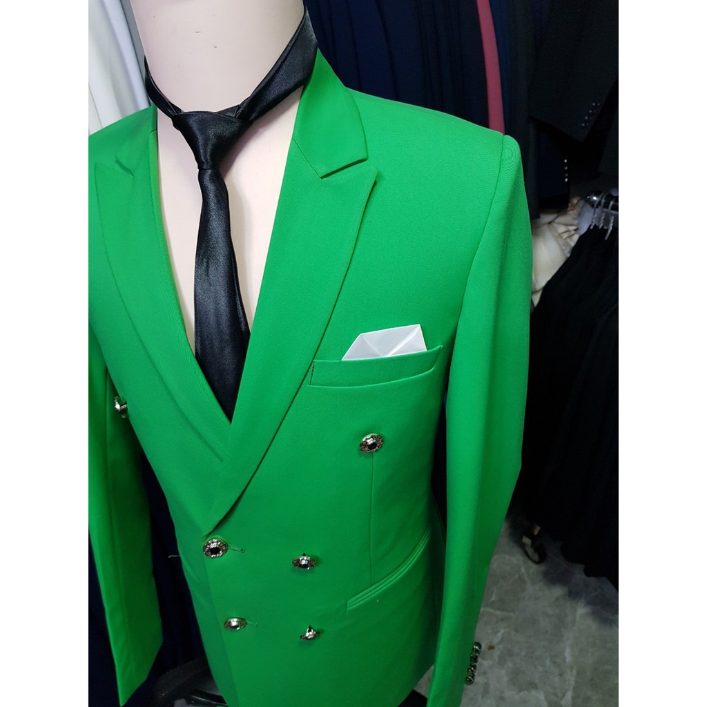 Bộ vest nam ôm body kiểu 6 cúc màu xanh két