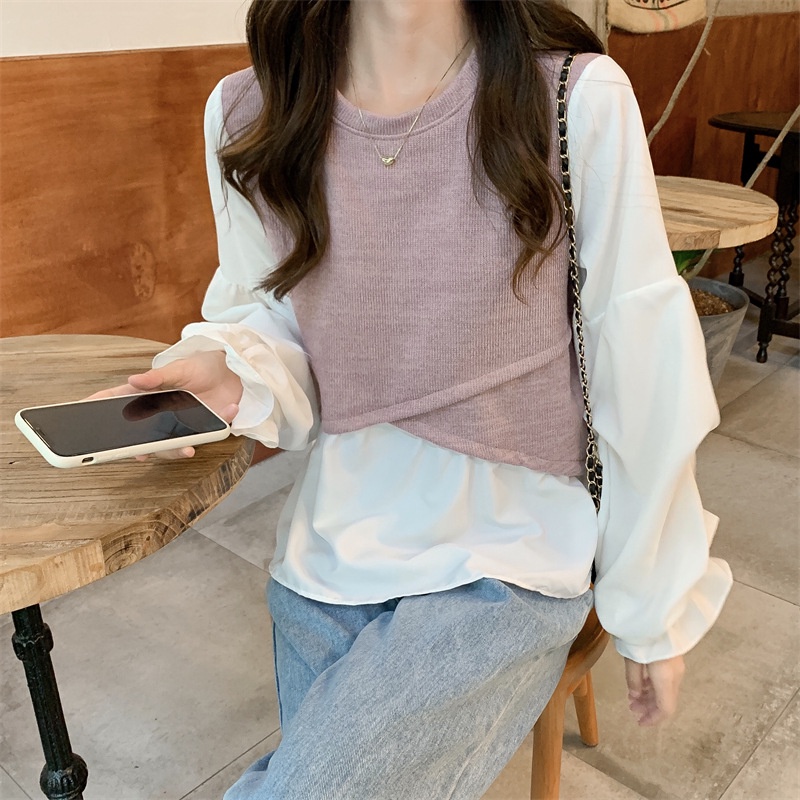 Áo IELGY cổ tròn tay dài phối màu tương phản ngọt ngào xinh xắn cho nữ