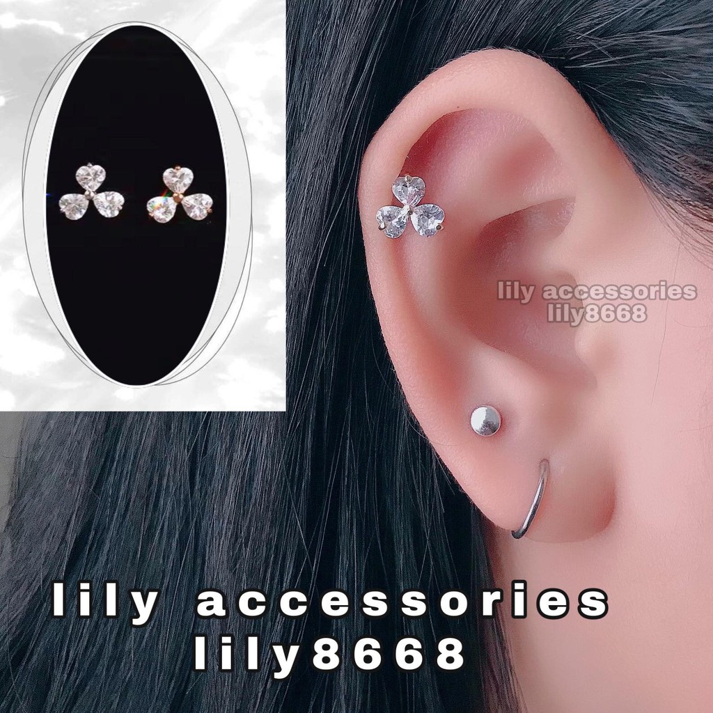 bông tai khuyên tai titan hình cỏ 3 lá đính đá không gỉ không đen không dị ứng nam nữ unisex