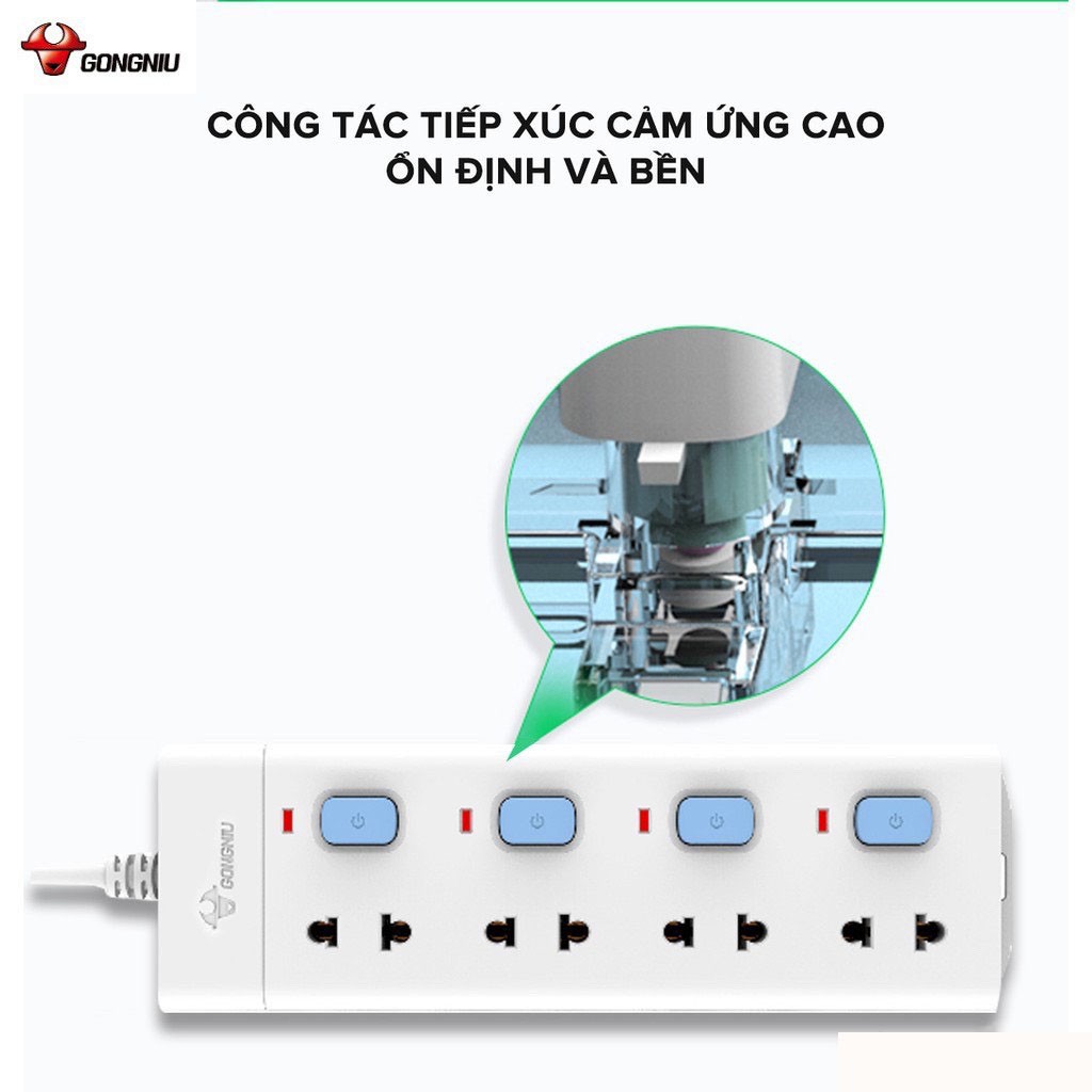 Ổ Cắm Điện GongNiu 4 Ổ 4 Công tắc Điều khiển 2500W/10A (V3040) Dây Nối Dài 3 Mét Đa năng nhiều ổ