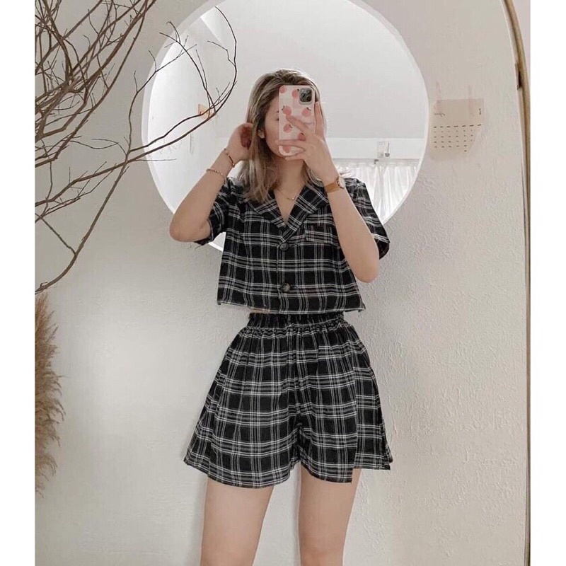 Set croptop cổ vest kẻ caro mix chân váy xòe - Set váy đầm nữ freesize cộc tay mix chân váy cạp chun