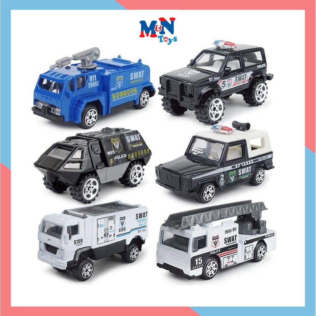 Set 6 xe Cảnh sát SWAT Mini tinh xảo bằng hợp kim và nhựa MN01