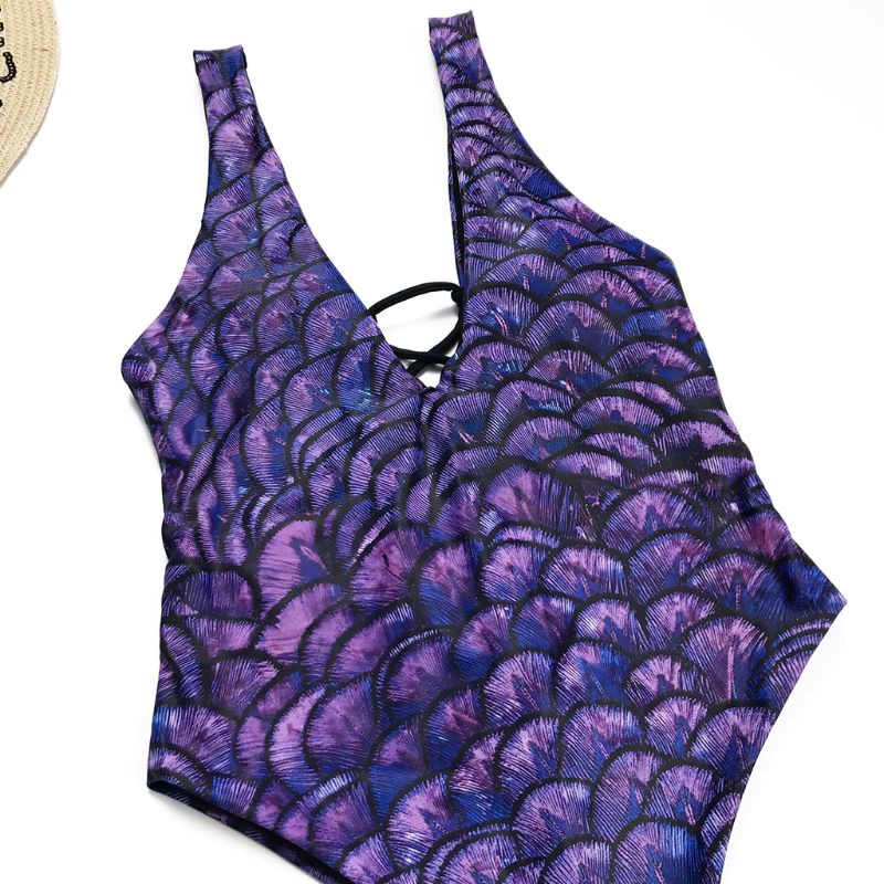 Xiangbao Bikini Một Mảnh Cổ Chữ V Khoét Sâu Hở Lưng Họa Tiết Vảy Cá Có Dây Chéo Gợi Cảm Cho Nữ