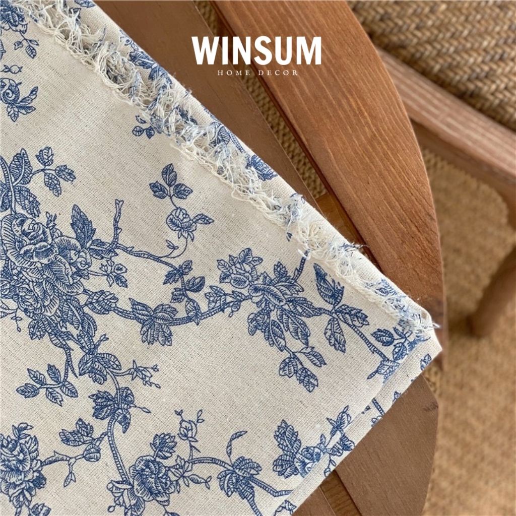 Khăn trải bàn hoa xanh phong cách vintage vải canvas dày dặn - Winsum.decor