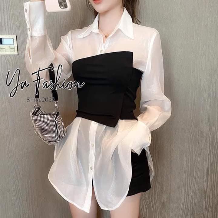 Set Áo Sơ Mi Trắng sơ mi lụa nữ tay dài kiểu nữ công sở hàn quốc thiết kế, áo ống lưng chun co giãn | BigBuy360 - bigbuy360.vn
