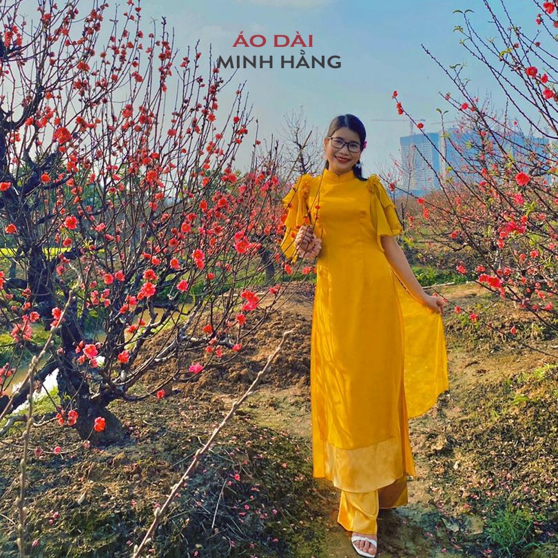 Áo Dài Cách Tân Nữ Thiết Kế Cổ Vuông Tay Xòe Cánh Tiên May Sẵn Lụa Tơ Óng Vàng 4 Tà Bigsize Dự Tiệc Lễ Tết- MH002