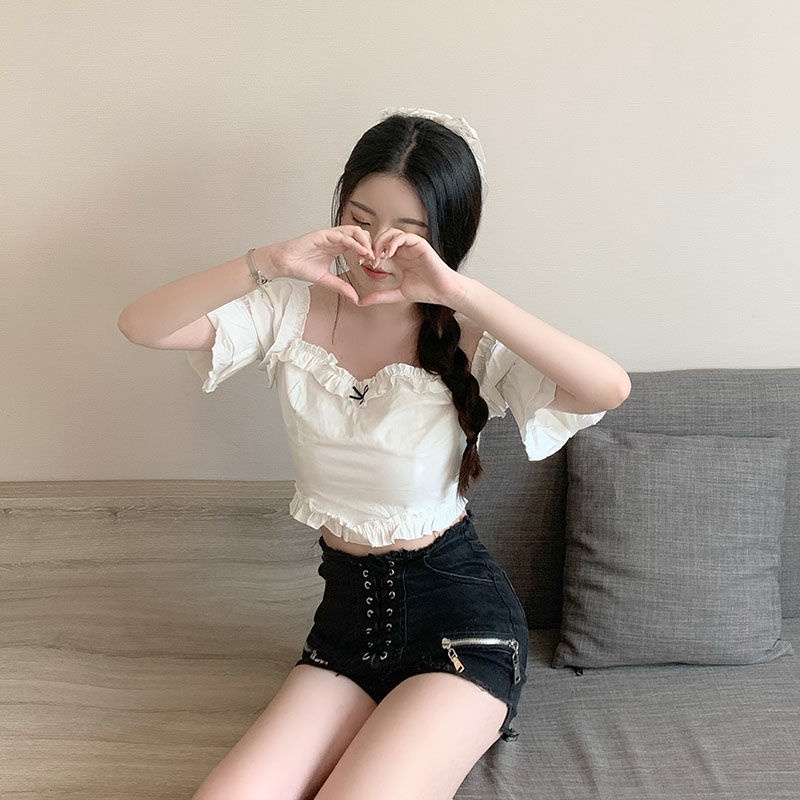 Áo Sơ Mi Tay Ngắn Dáng Ôm Thắt Nơ Phối Ren Kiểu Retro Thời Trang Mùa Hè Mới Cho Nữ