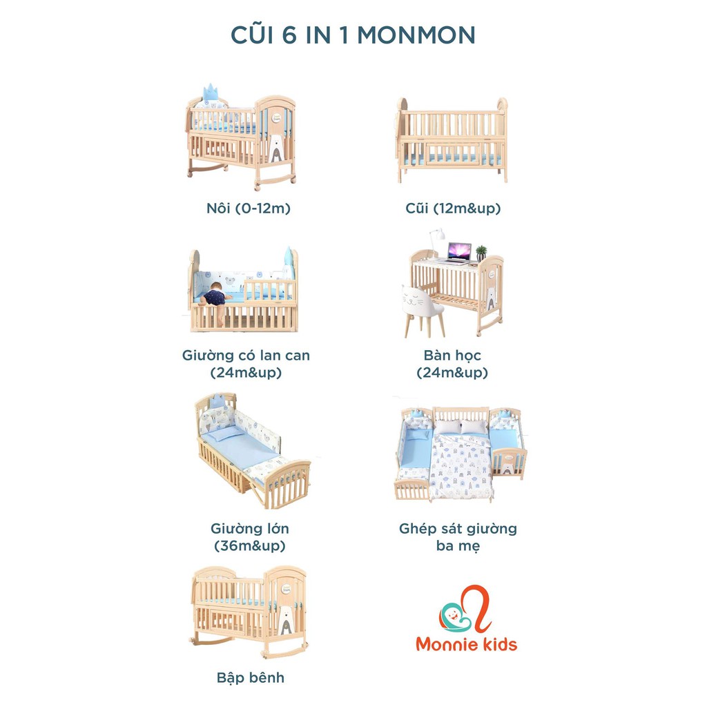 [NEW] BỘ CŨI GỖ MONMON ĐA NĂNG 6IN1 KÈM BÁNH XE VÀ MÀN CŨI