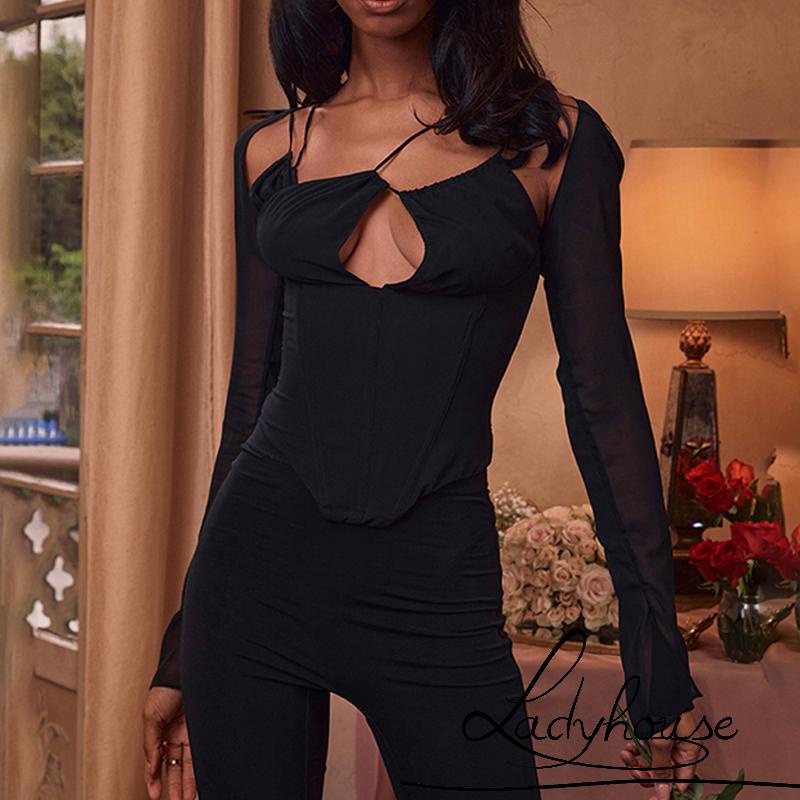 Áo Thun Tay Dài Phối Lưới Dây Kiểu Cách Điệu Màu Sắc Lạ Mắt Cho Nữ