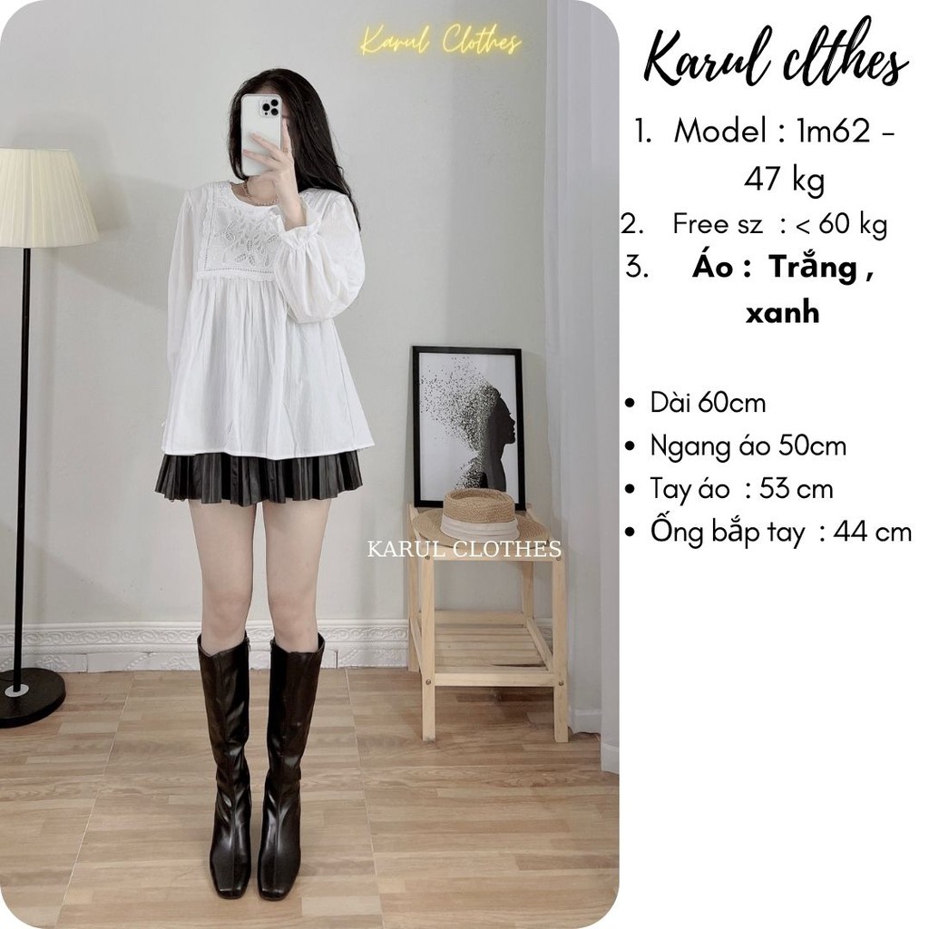 Áo sơ mi nữ hoa ren babydoll trước ngực dài tay , áo sơ mi nữ babydoll dài tay