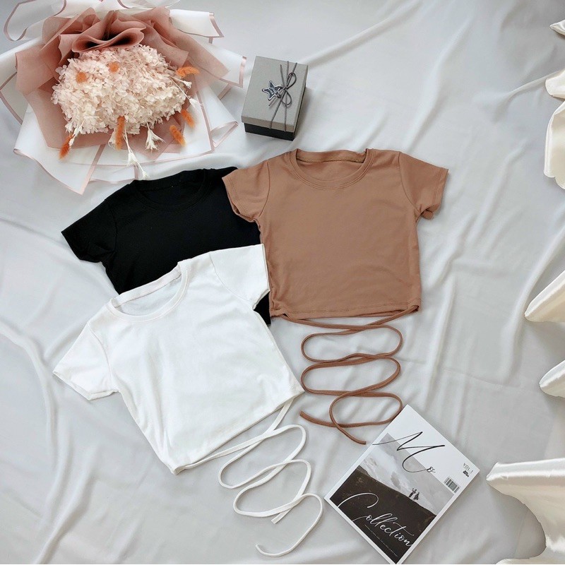 ÁO CROPTOP BUỘC BỤNG TAY NGẮN - ÁO CỘT DÂY EO CỔ TRÒN ĐỦ MÀU