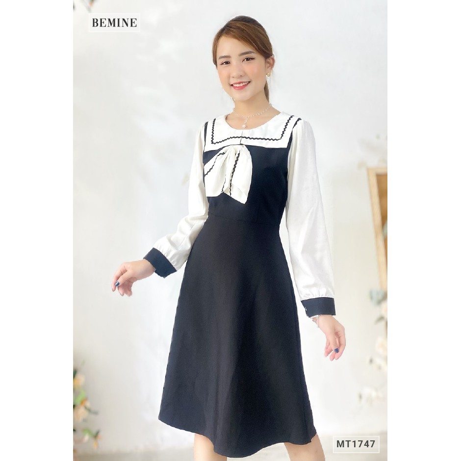 Đầm cổ vuông thủy thủ tay dài phối BEMINE MT1747DEN | BigBuy360 - bigbuy360.vn