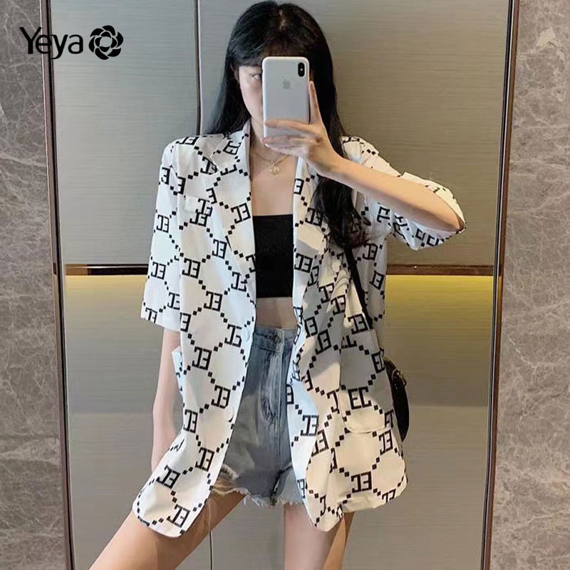 Áo khoác blazer YEYA dáng rộng in họa tiết độc đáo thời trang cho nữ