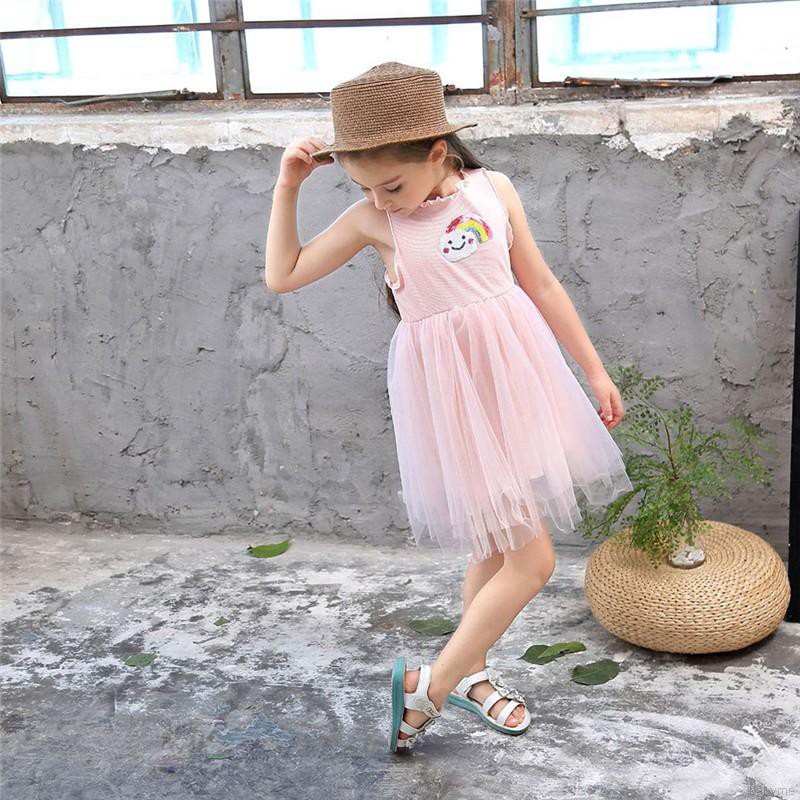 Đầm xòe cộc tay phối họa tiết trái dứa / cầu vồng xinh xắn dành cho bé gái
