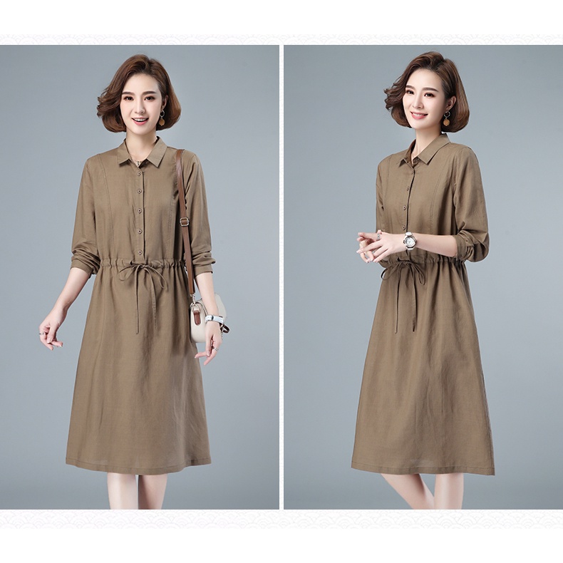 Đầm Công Sở Thu Đông Sơ Mi Cúc Cài Kèm Dây Thắt Lưng Chất Linen Màu Nâu, Xanh Đen Da178
