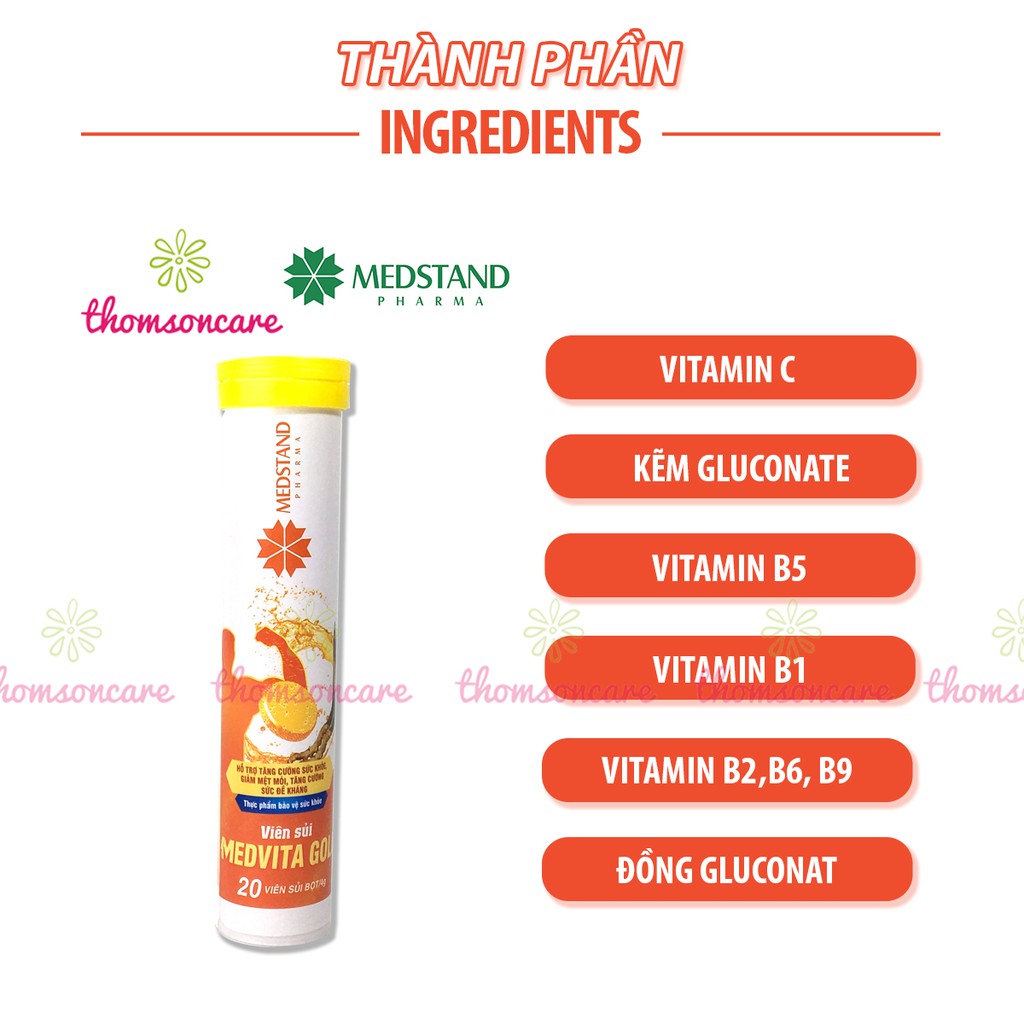 Viên sủi từ Đông trùng hạ thảo và vitamin Medvita Gold giảm mệt mỏi, căng thẳng, tăng sức đề kháng tuýp 20 viên