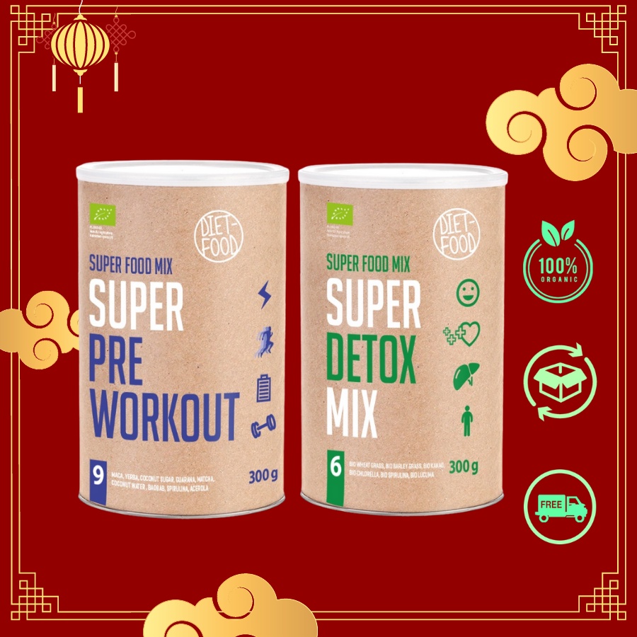 Bột hỗn hợp siêu thực phẩm thải độc Detox, Bột tập gym Pre Workout hữu cơ 300g Diet Food tăng cơ giảm mỡ