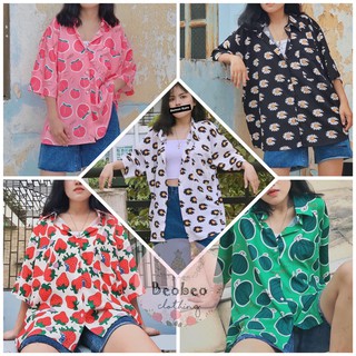 [Ảnh thật] Áo sơ mi oversize ngắn tay tropical in hình hoạ tiết dễ thương