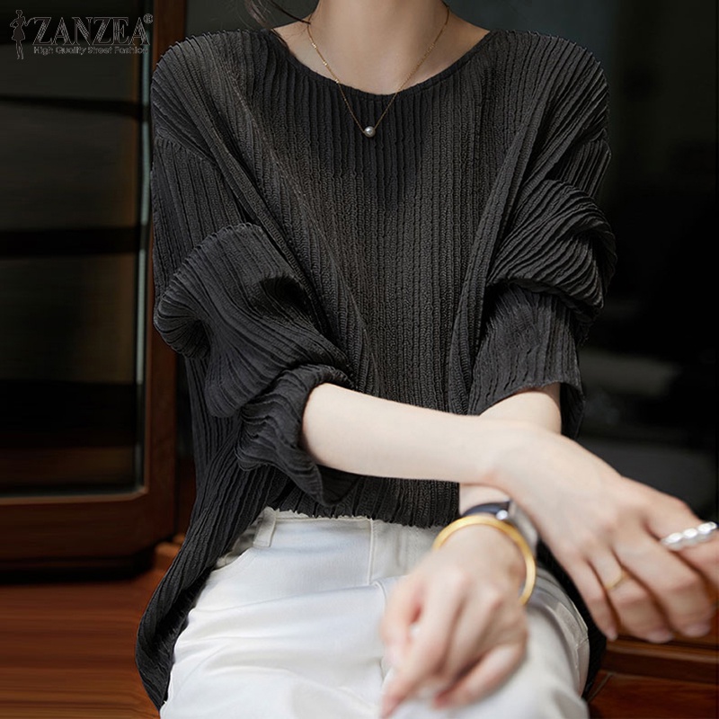 Áo kiểu ZANZEA dài tay cổ tròn xếp ly màu trơn thời trang cho nữ