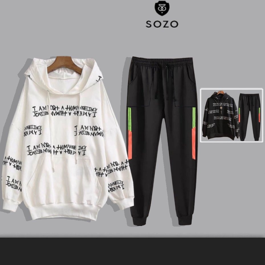 Set Bộ 2 Món Quần Dài + Áo Hoodie Nón Nam Nữ Unisex Chất Vải Nỉ CB2_WAH036NO_MQU075NODEF7 (In Chữ + 2 Sọc Túi Vuông)