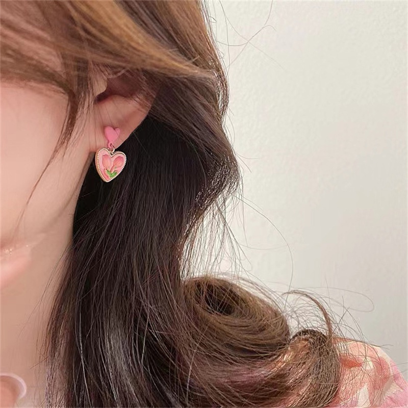 Khuyên Tai Mặt Hình Hoa Tulip Hồng Phong Cách Retro
