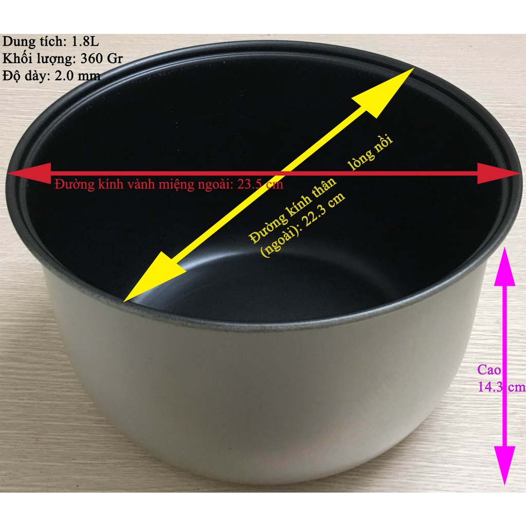 Lòng nồi cơm điện 1.8L-Chống dính đen- Mép cuộn