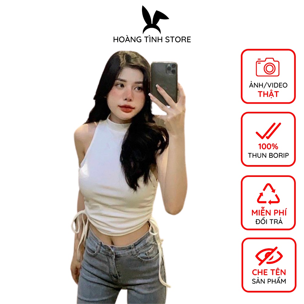 Áo thun sát nách ôm body Hoàng Tình Store áo ba lỗ nữ cổ cao rút dây eo, chất liệu thun borip co giãn tốt Freesize