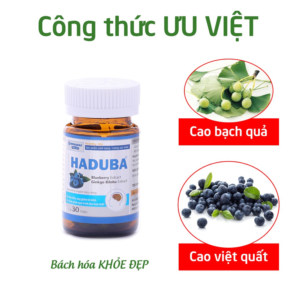 Hoạt huyết dưỡng não HADUBA cao việt quất, cao bạch quả - Chai 30 viên