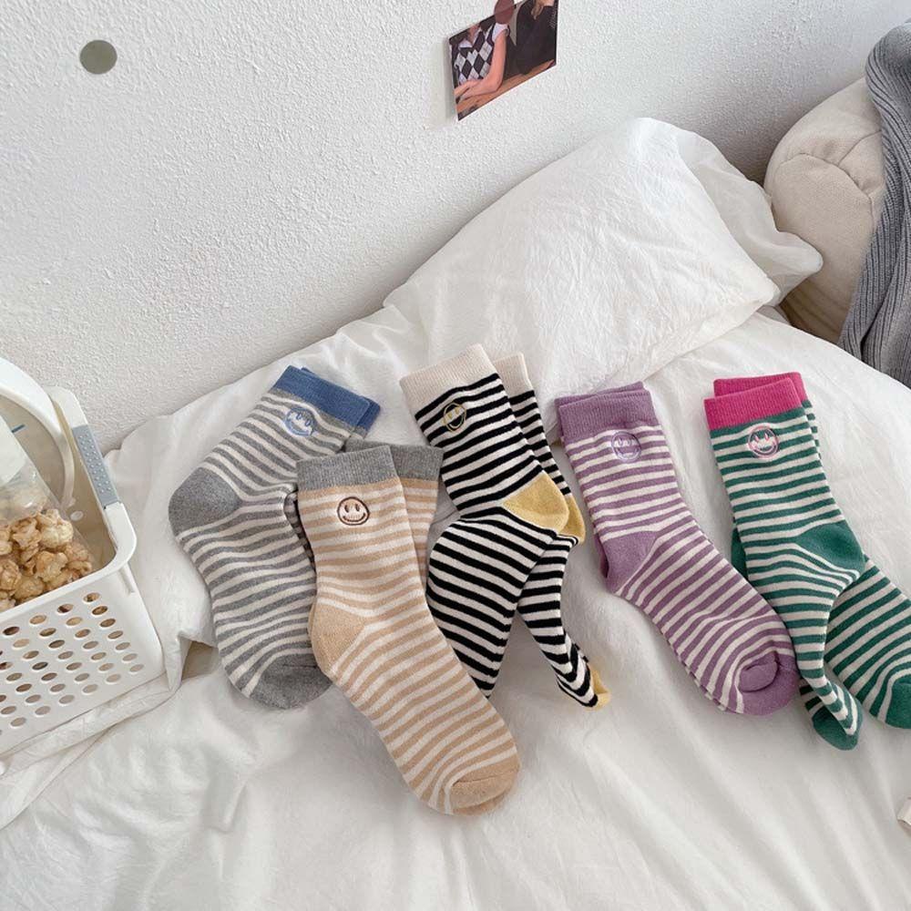 Vớ Ngủ Cotton Kẻ Sọc Thêu Hình Mặt Cười Dễ Thương Phong Cách Đại Học VANES1