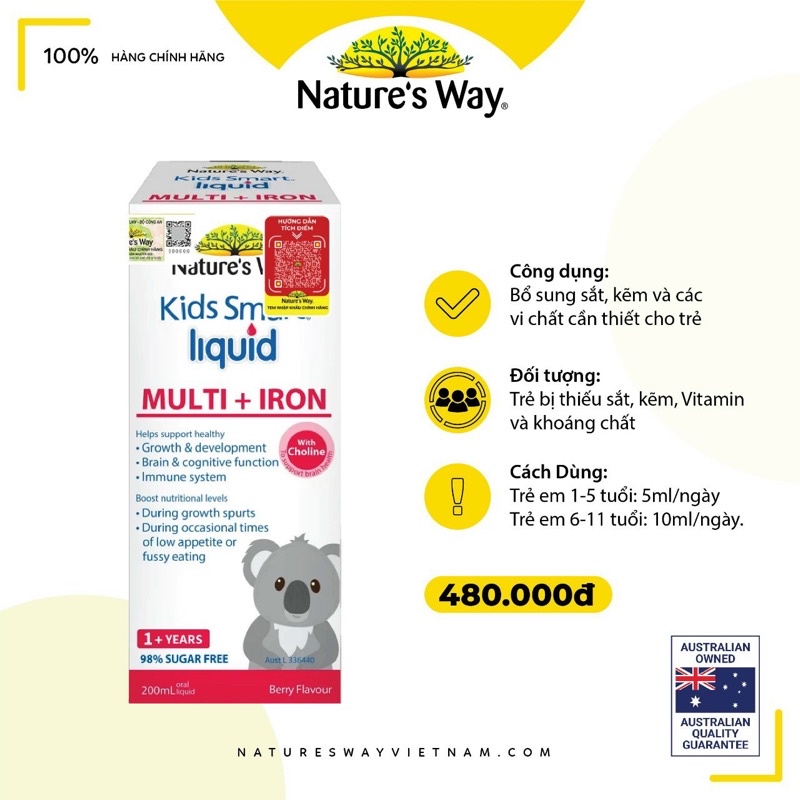 Siro Bổ Sung Sắt Nature’s Way Kids Smart Liquid Multi + Iron 200ml