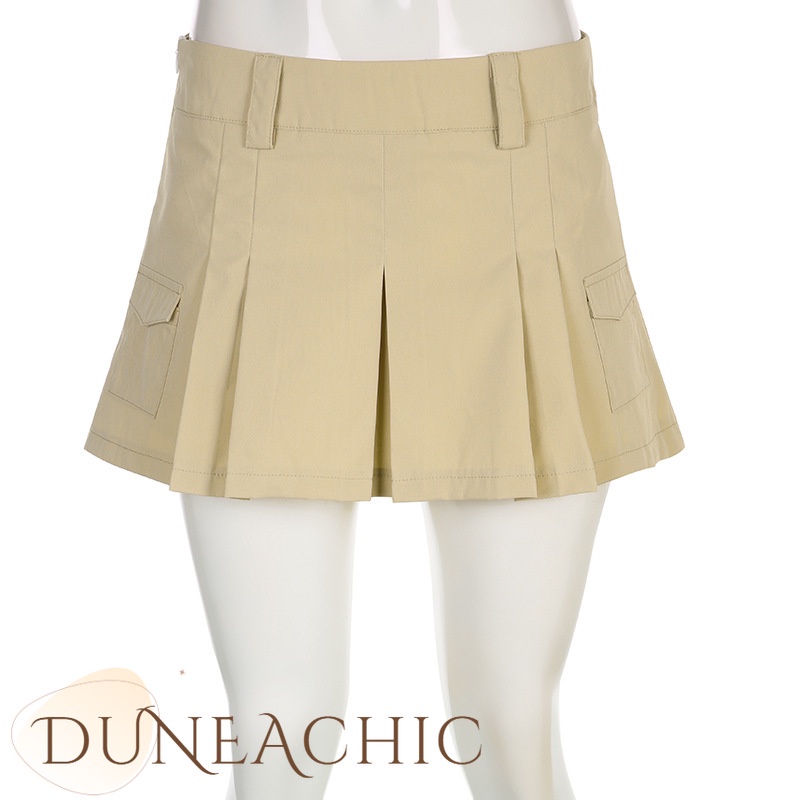 DUNEA Chân váy xếp li màu trơn lưng thấp thời trang cho nữ