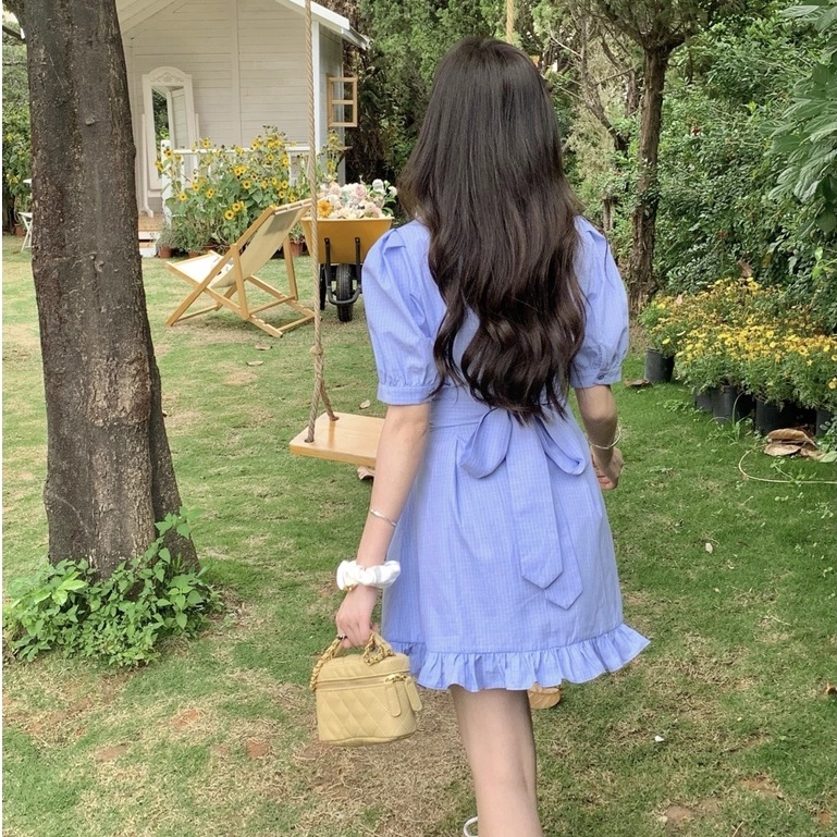 Đầm Sơ Mi Tay Phồng Dáng Xòe Họa Tiết Sọc Caro - Váy Nữ Thắt Eo Mùa Hè Con Đỏng Đảnh VD070