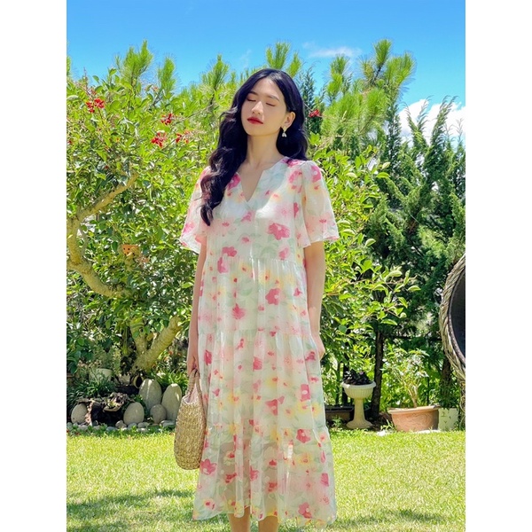 Đầm Voan Hoa Lụa Cổ V Phom Suông Rộng Dáng Tầng Babydoll Phong Cách Nữ Tính Nhẹ Nhàng