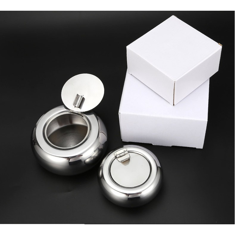 Gạt tàn thuốc lá hình tròn với chất liệu inox có nắp đậy đơn giản dễ vệ sinh