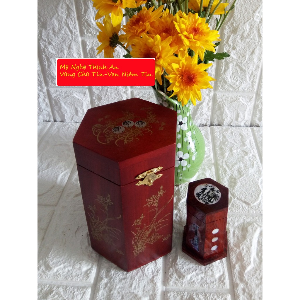 Hộp đựng gói trà bằng gỗ hương loại trung cao 16cm kèm hũ tăm