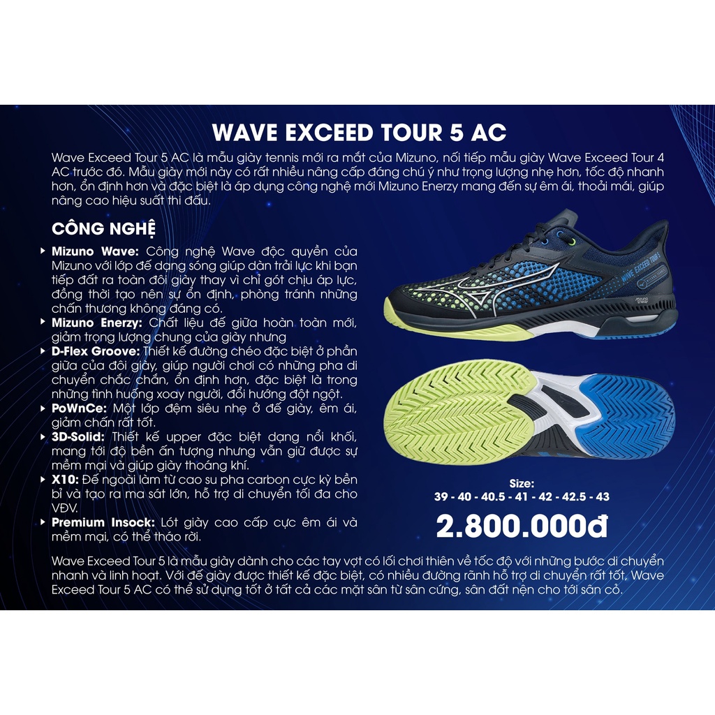 Giày chính hãng Mizuno Tennis Wave Exceed Tour 5 AC 61GA227040 màu đen mẫu mới dành cho nam