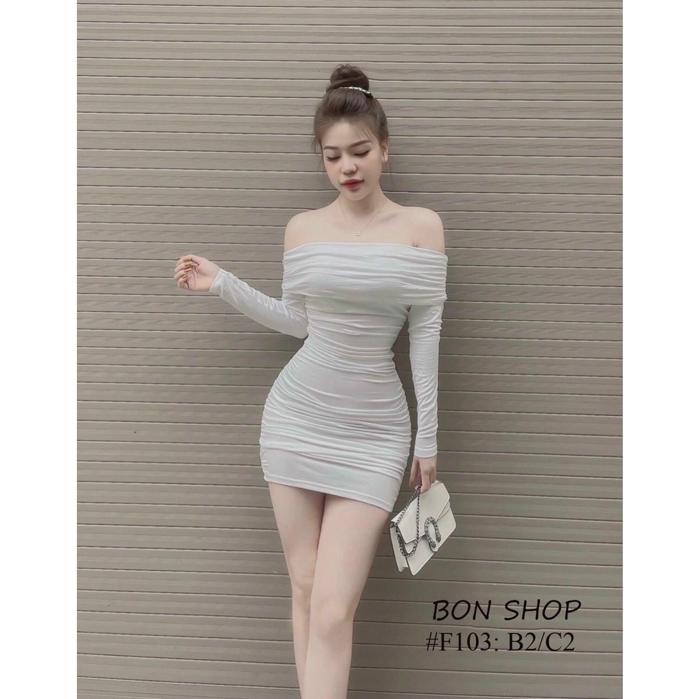 Đầm ôm body trễ vai nhún sườn tay dài tôn dáng thon eo cực sexy
