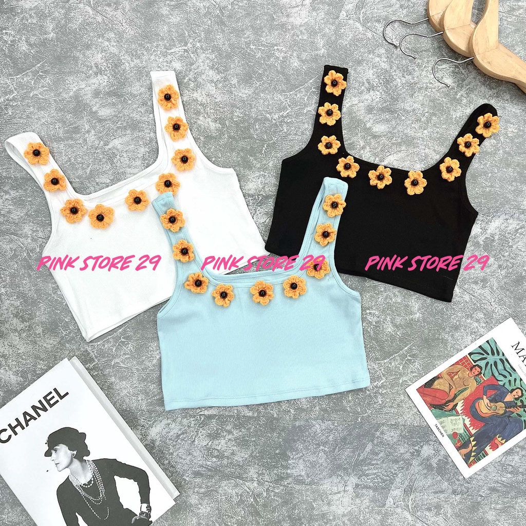 Áo Croptop Hai Dây PINKSTORE29, Dáng Ôm Body, Bản Dây To Phối Hoa Len Móc A5427