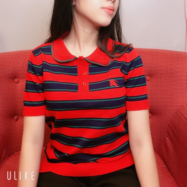 Áo len cộc tay kẻ đỏ