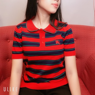 Áo len cộc tay kẻ đỏ