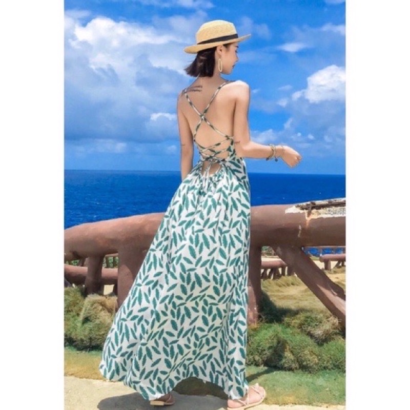 Đầm váy maxi đan dây sau hoạ tiết chiếc lá