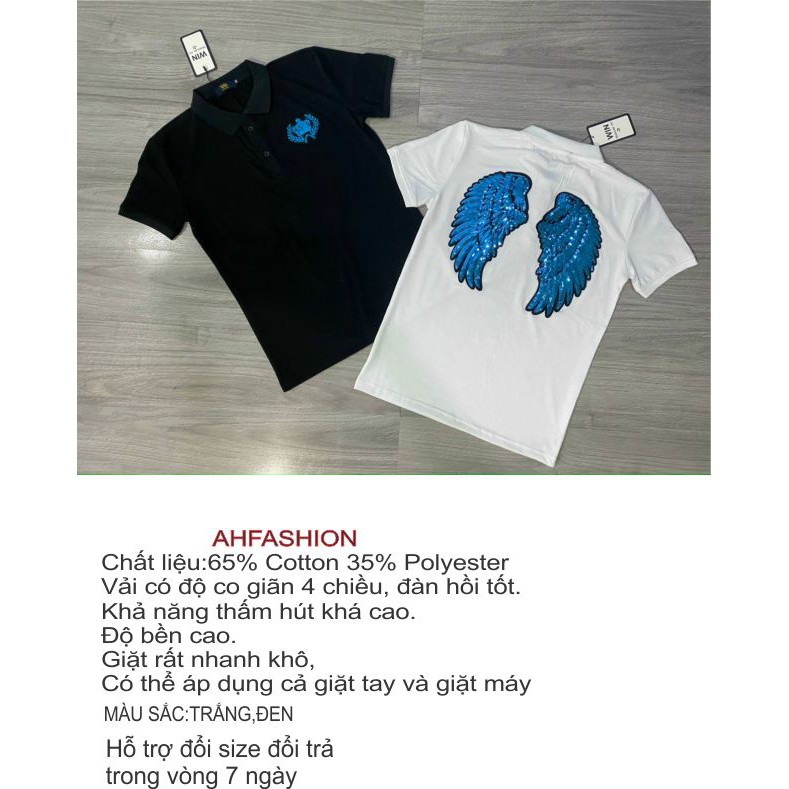 Áo thun nam có cổ tay ngắn thêu kim sa cánh đại bàng xanh chất cotton co dãn 4 chiều 2 màu trắng đen cao cấp AHFASHION | BigBuy360 - bigbuy360.vn