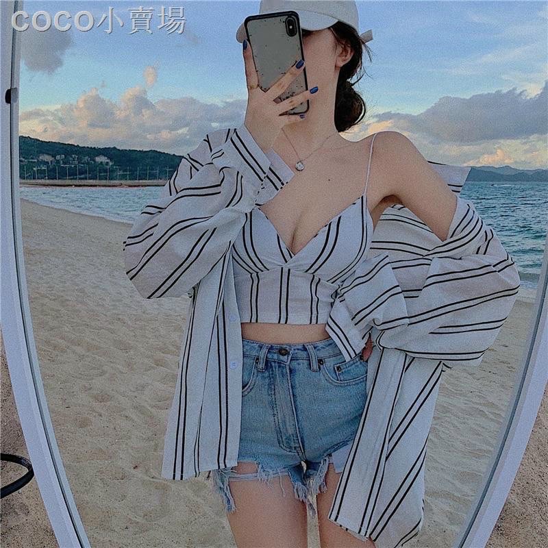 set áo hai dây sọc tặng kèm áo sơ mi form rộng đi biển siêu xinh